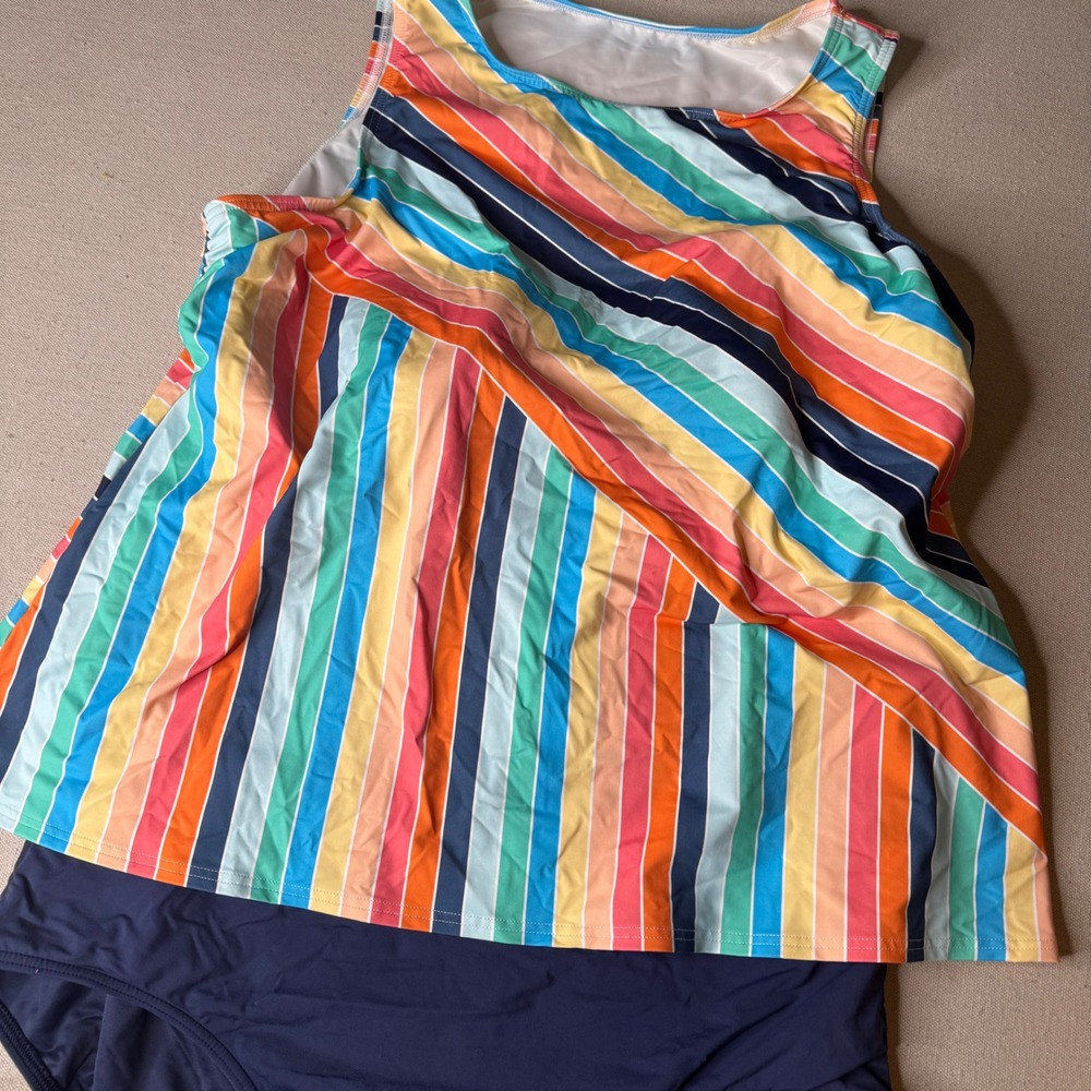 Lands End Womens Plus Size Striped Tankini Set 26W Top 24W Bottom Navy Multi
